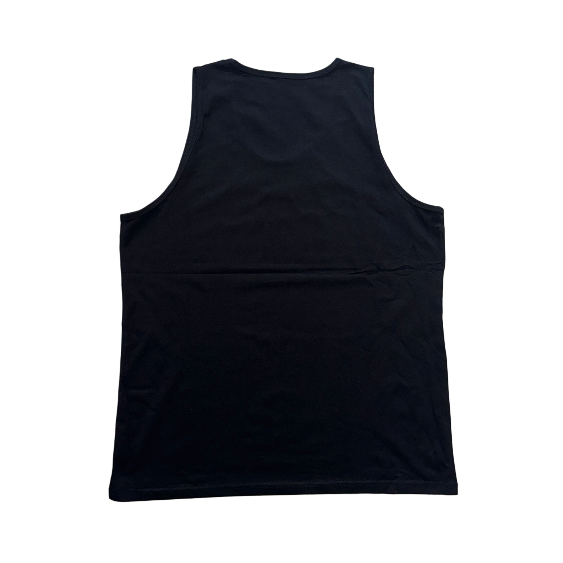 Back view of a plain black tank top 