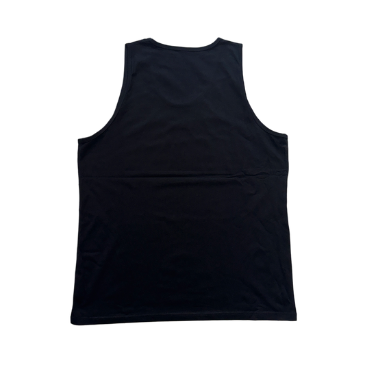 Back view of a plain black tank top 