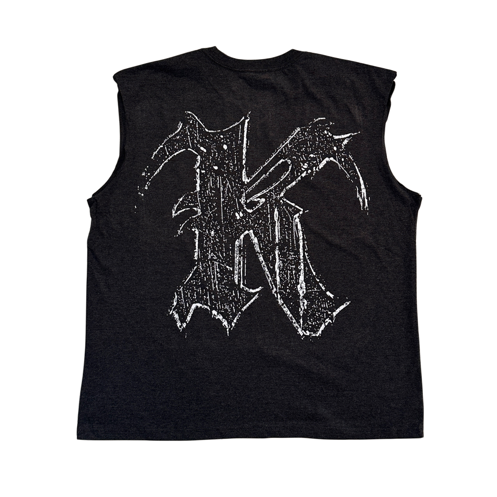 Back view of a dark gray sleeveless shirt with white logo in the letter “K” 