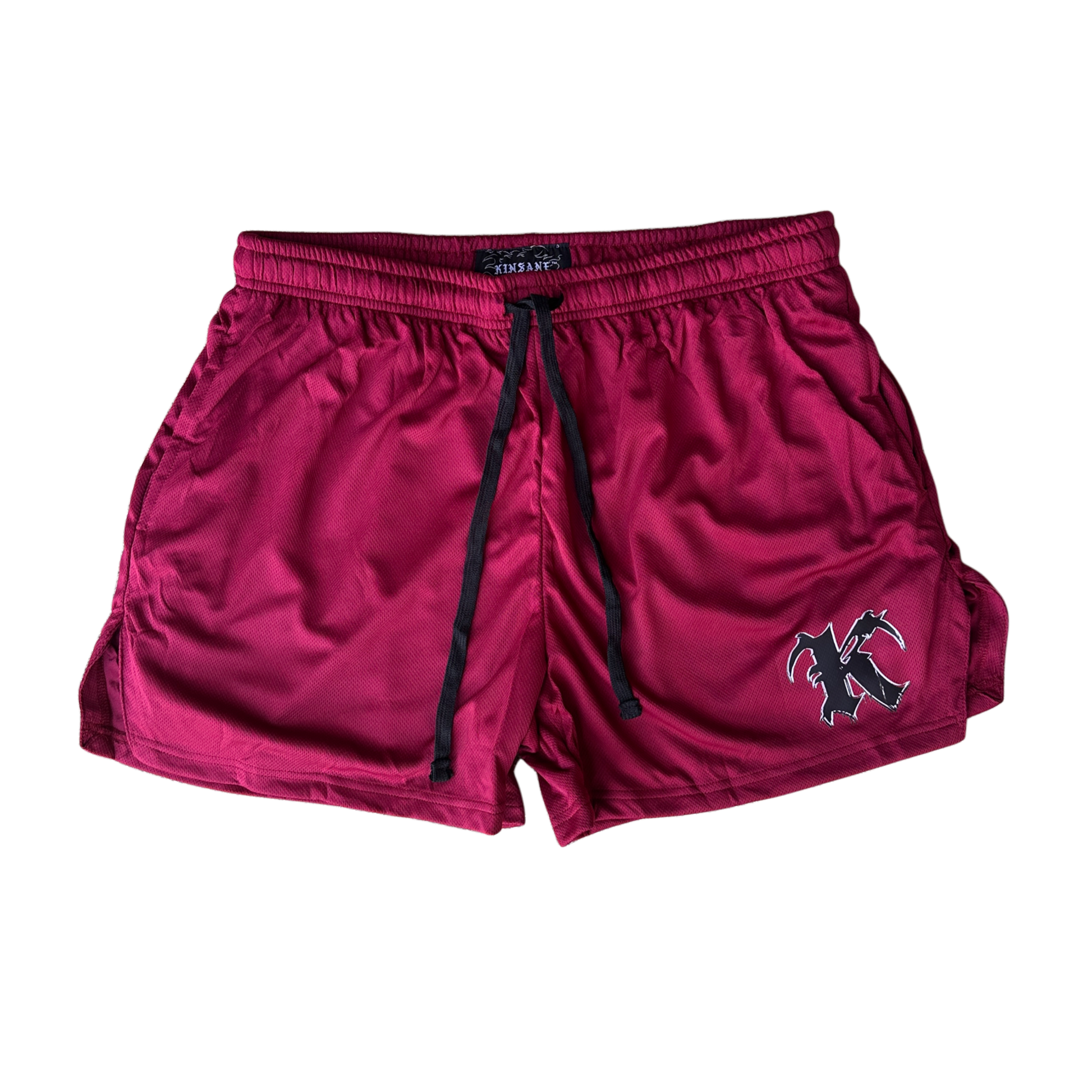 Dark red athletic shorts with black drawstrings and a black and silver “K” logo on the right side 