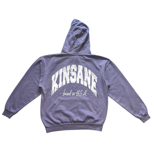 Back view of a light blue hoodie with white text reading “KINSANE BASED IN U.S.A.” 