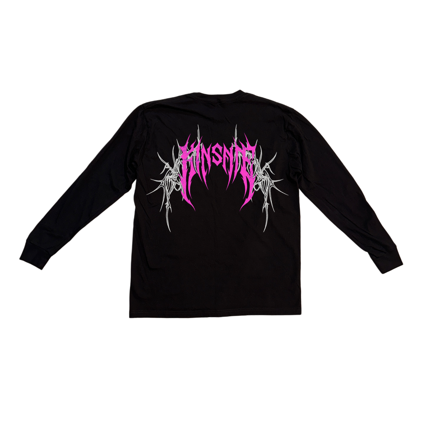 Back view of a black long sleeve T-shirt with pink tribal lettering reading “KINSANE” and white tribal designs