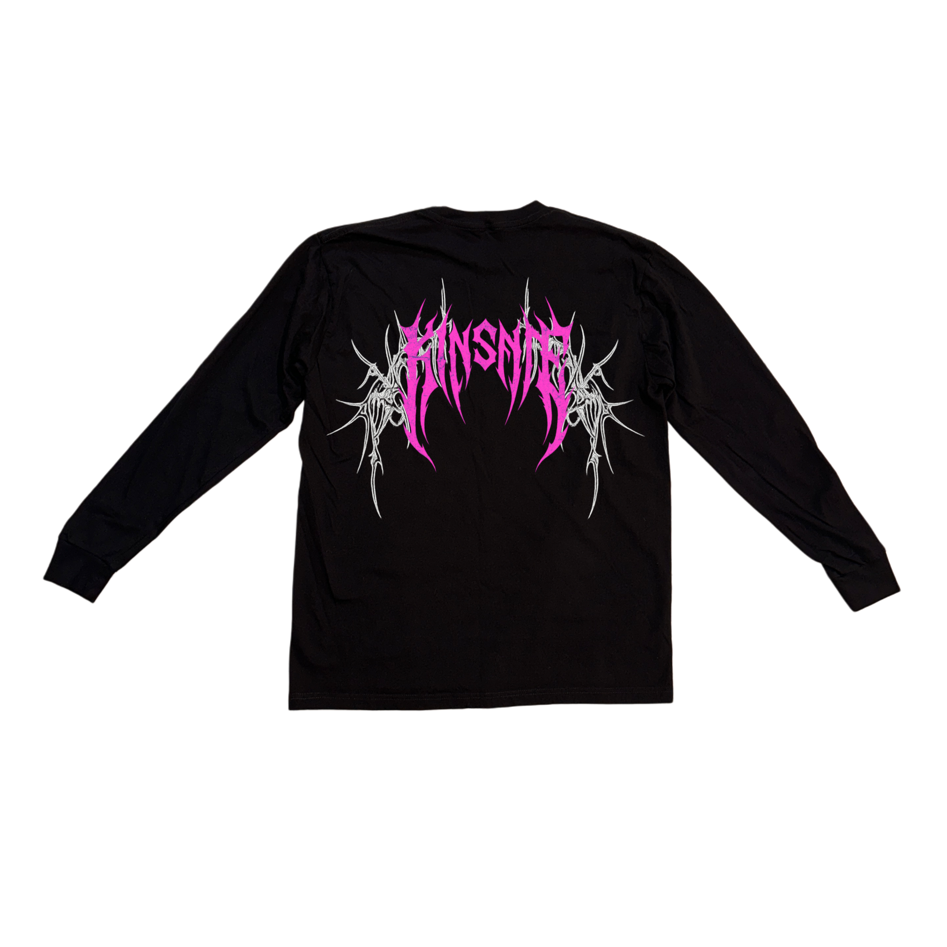 Back view of a black long sleeve T-shirt with pink tribal lettering reading “KINSANE” and white tribal designs