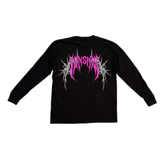 Back view of a black long sleeve T-shirt with pink tribal lettering reading “KINSANE” and white tribal designs