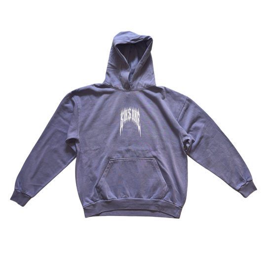 Light blue hoodie with white text reading “KINSANE” 