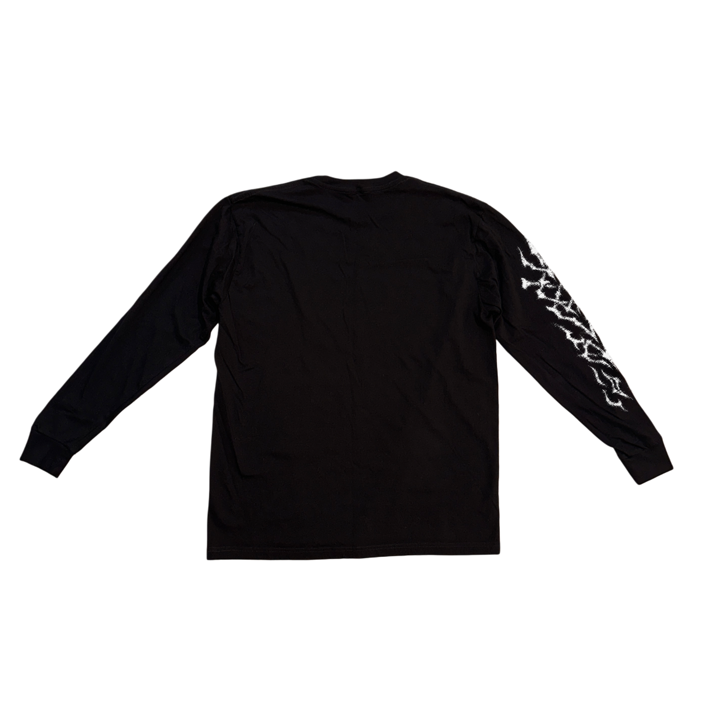 Back view of a black long sleeve shirt with white tribal designs on the right sleeve 