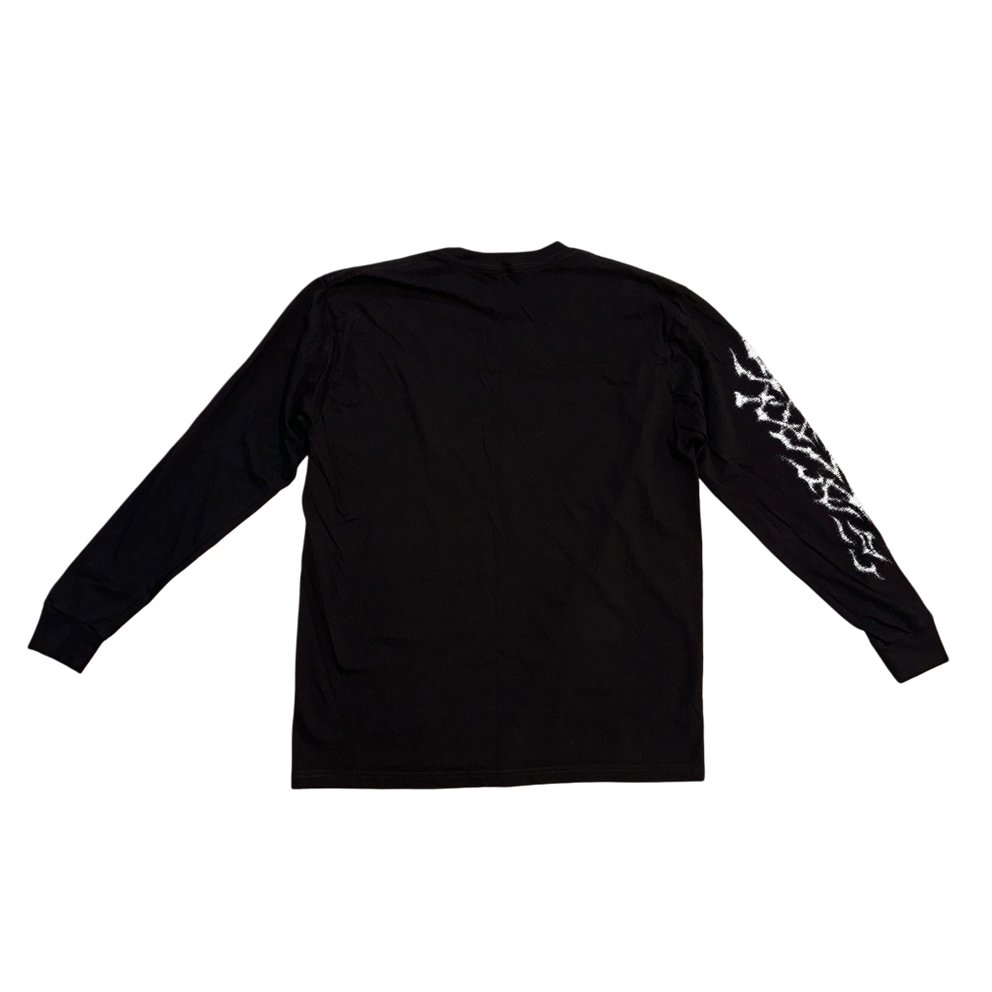 Back view of a black long sleeve shirt with white tribal designs on the right sleeve 