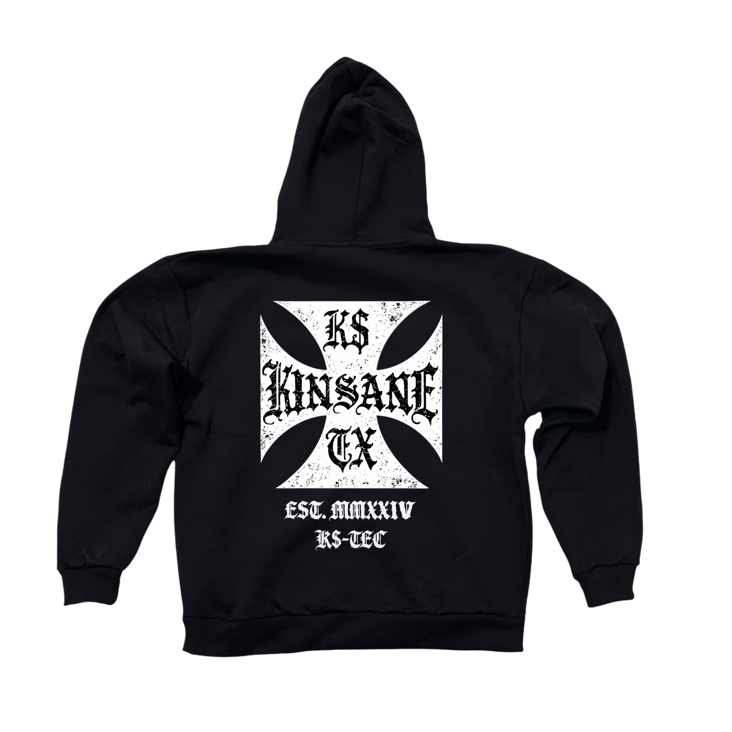 Back view of a black hoodie with a white logo with black lettering reading “KINSANE, K$, TX” and white text reading “EST. MMXXIV, K$-TEC” 