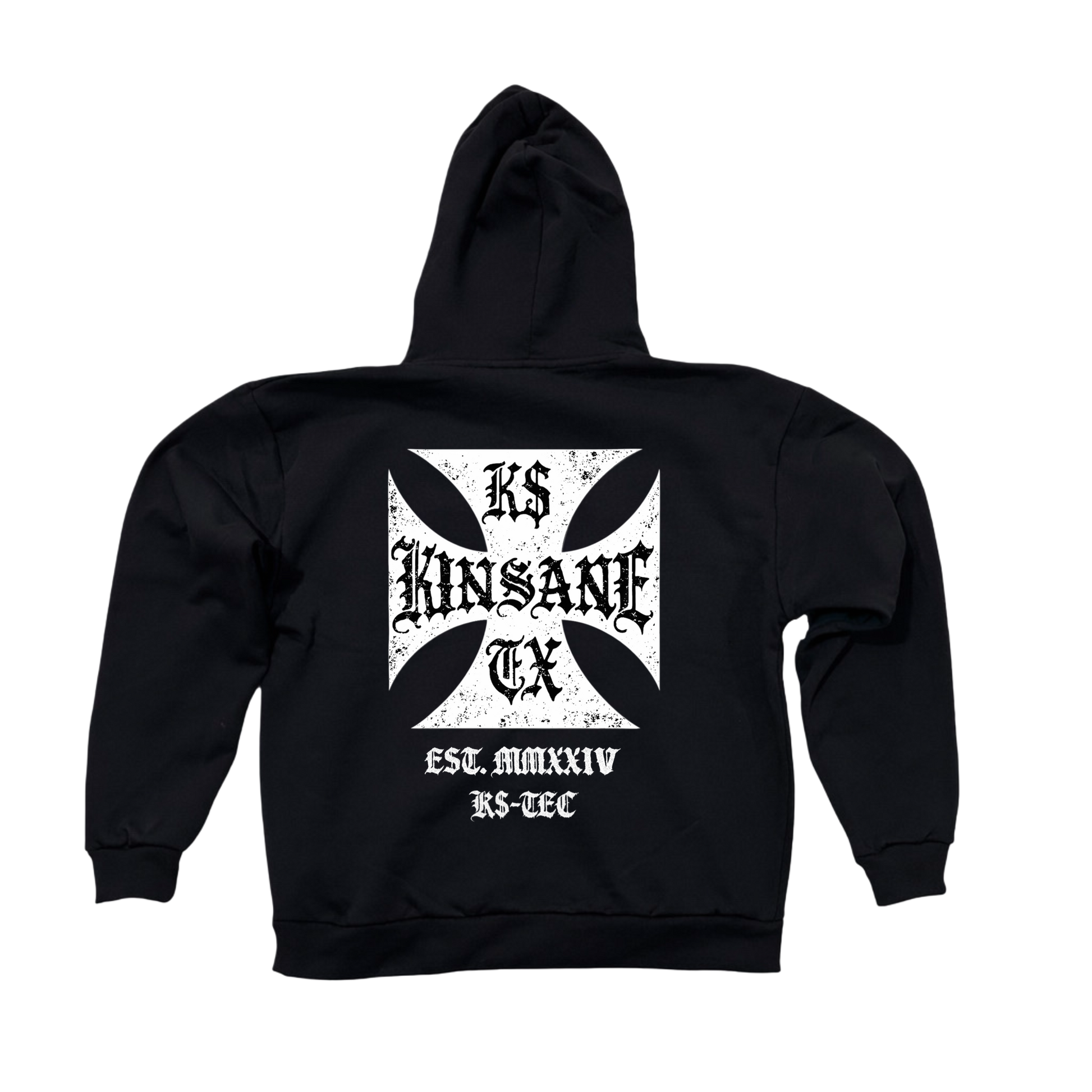 Back view of a black hoodie with a white logo with black lettering reading “KINSANE, K$, TX” and white text reading “EST. MMXXIV, K$-TEC” 