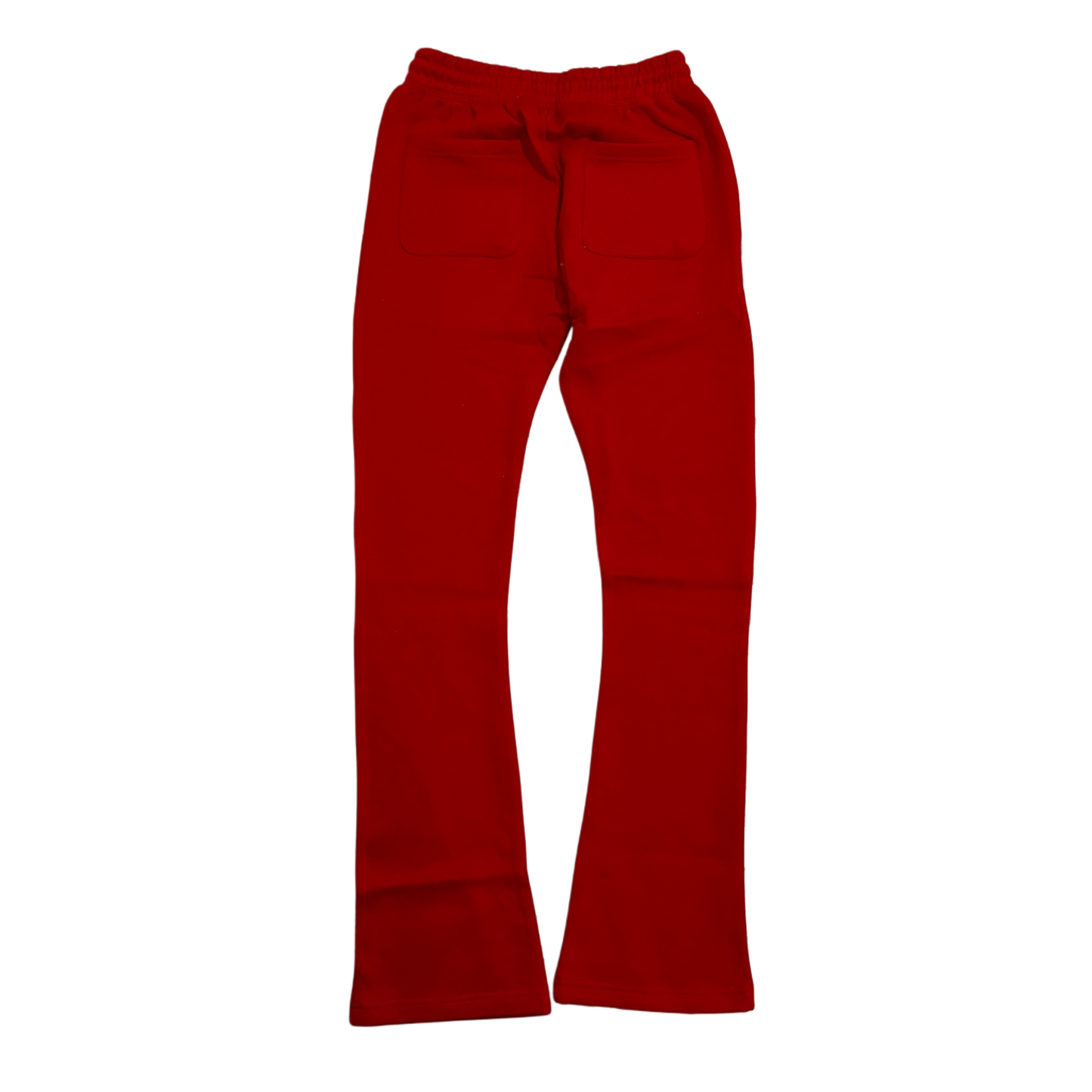 Back view of plain red stacked sweatpants 