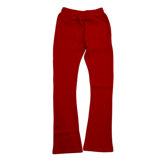 Back view of plain red stacked sweatpants 