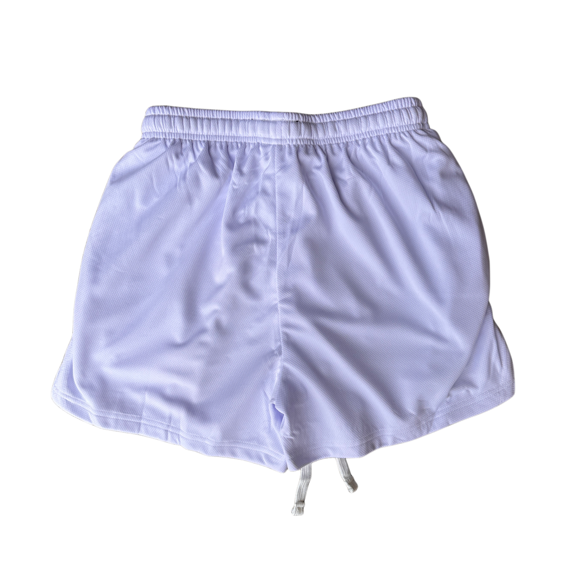Back view of plain white athletic shorts 