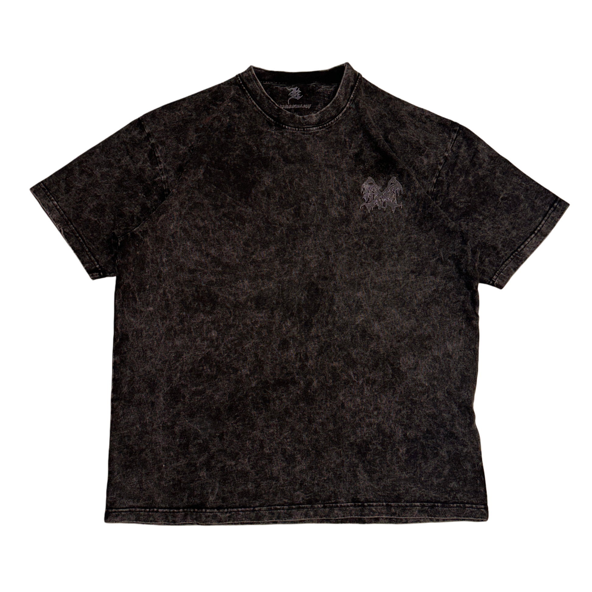 Black acid washed t-shirt with a black logo on the front 