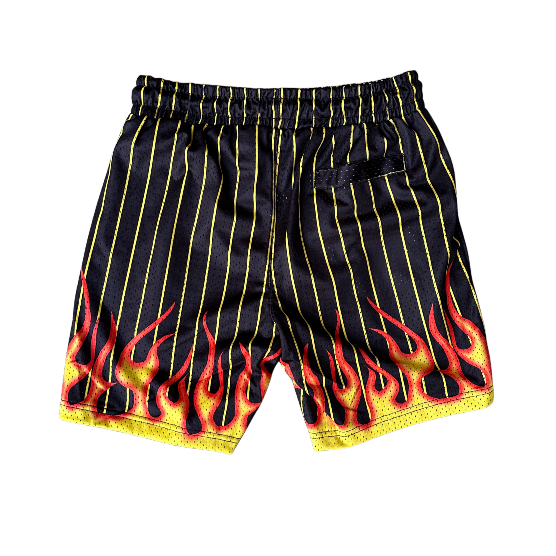 Back view of black and yellow shorts with flames design 
