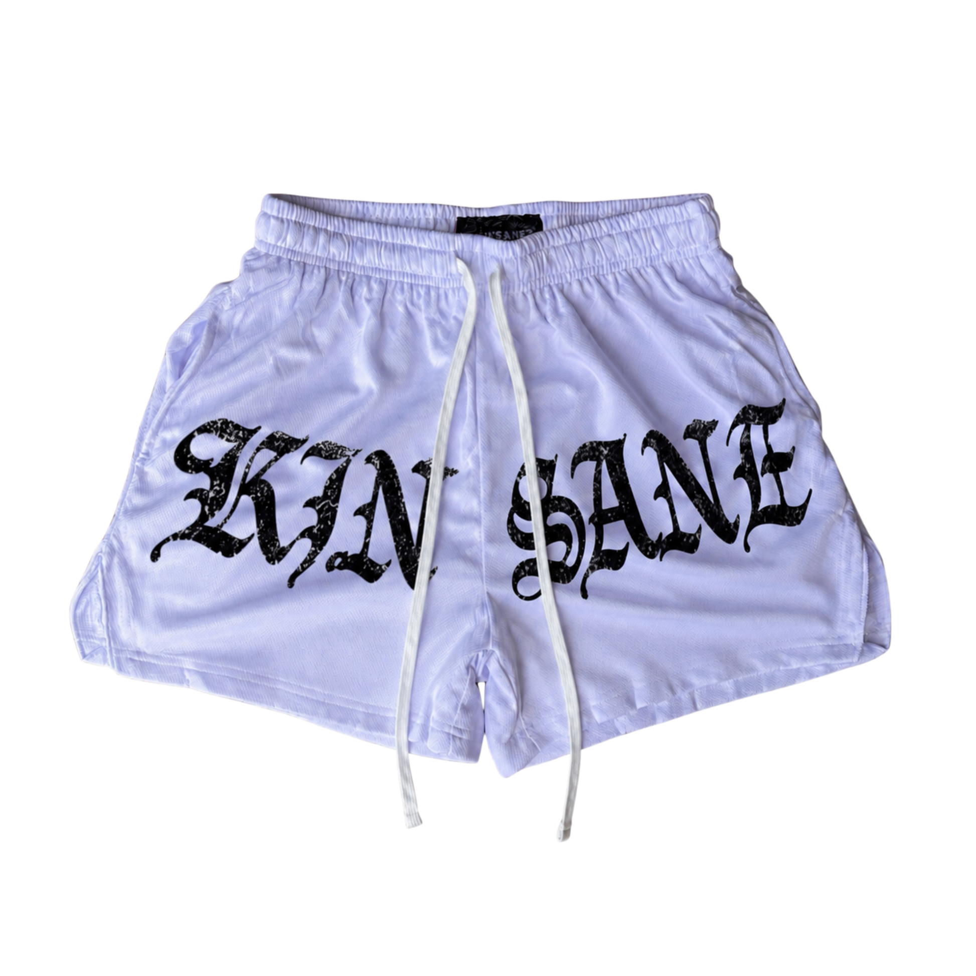White athletic shorts with white drawstrings and black lettering reading “KINSANE” on the front 