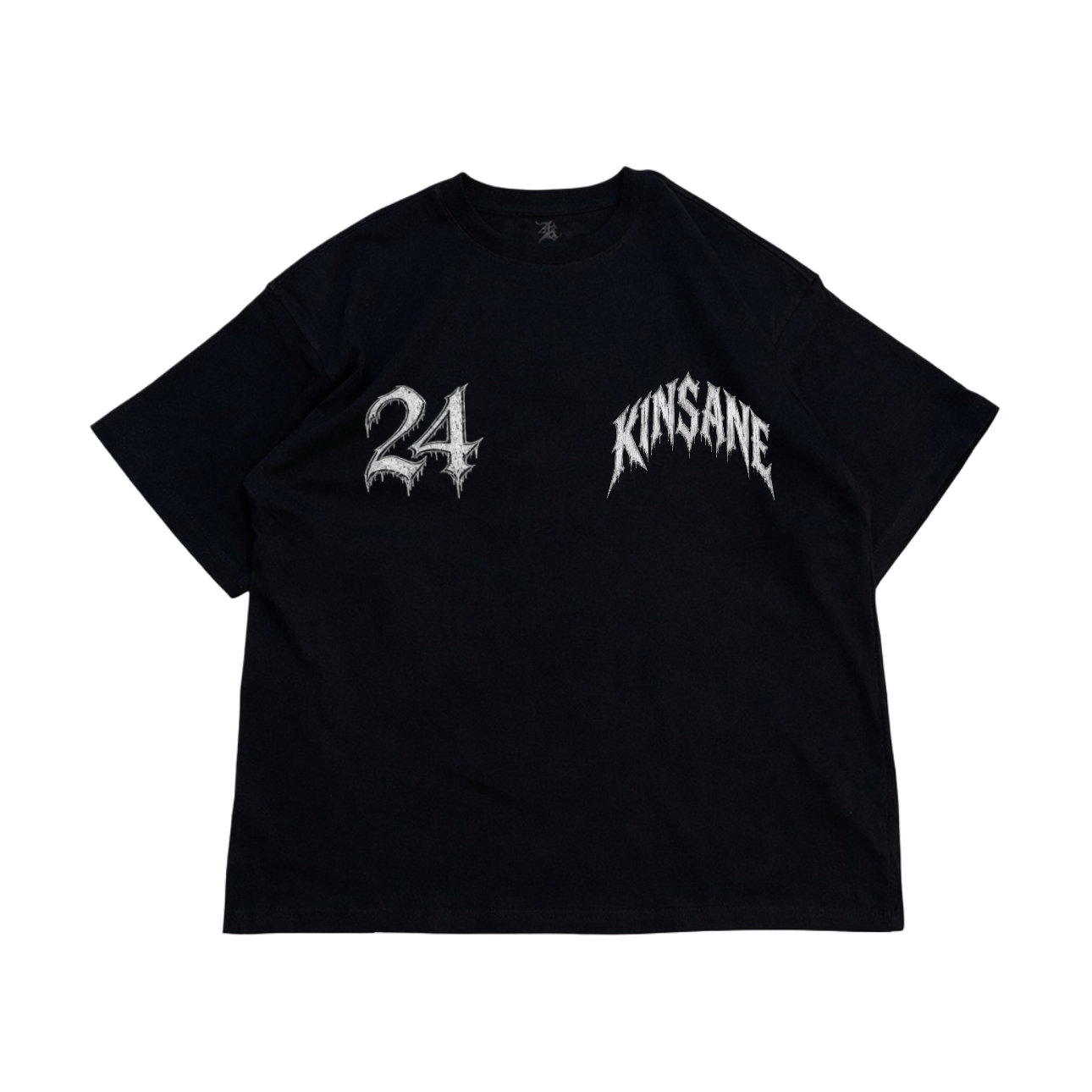Black t shirt with white text reading “KINSANE” on the right pocket area and white numbers reading “24” on the left pocket 