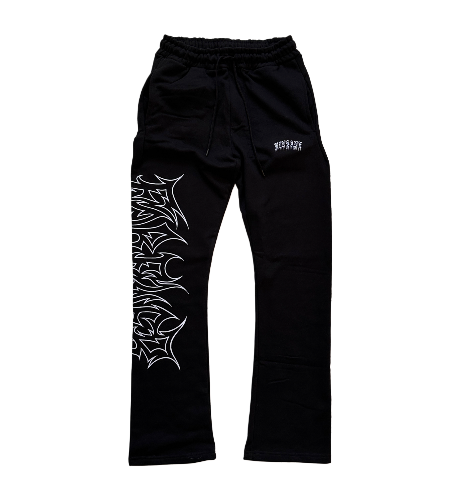 black stacked sweatpants with white outlined tribal lettering reading “forever” on the left side and white old English style lettering reading “KINSANE” on the right side 