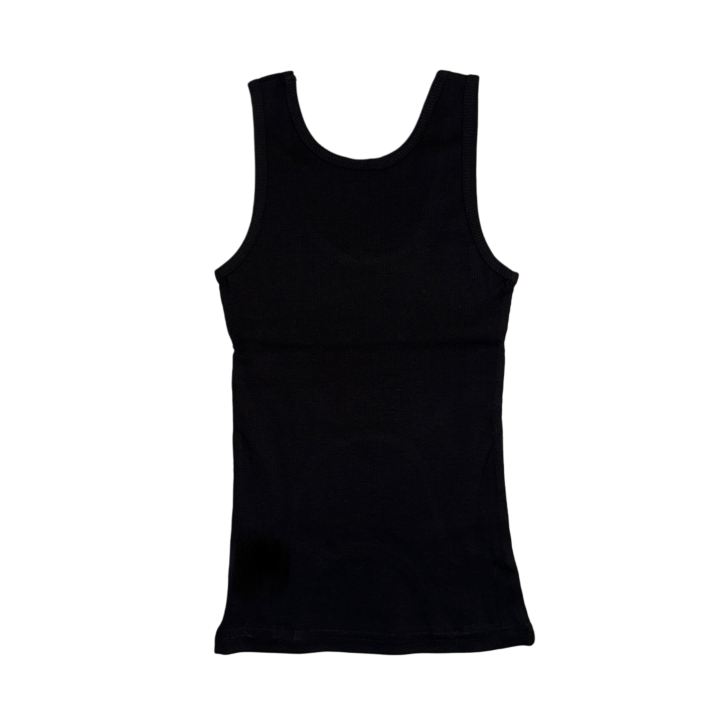 Back view of a plain black tank top 