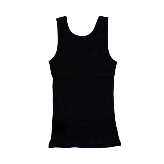 Back view of a plain black tank top 