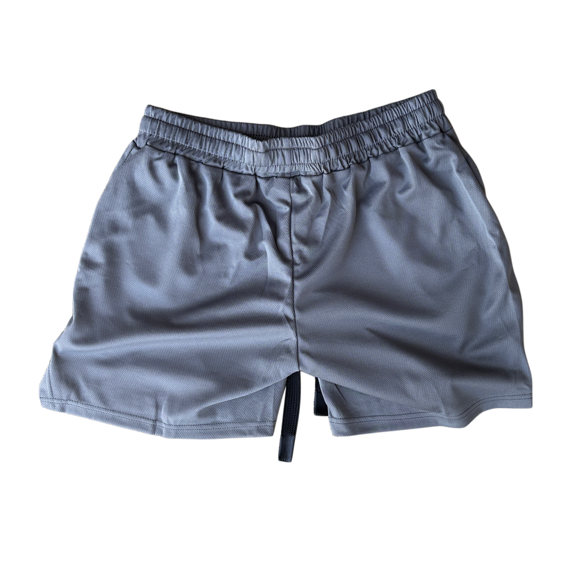 Back view of gray athletic shorts with black drawstrings 