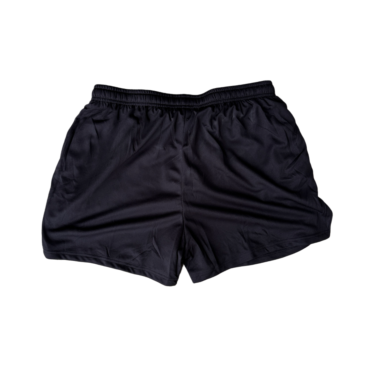 Back view of plain black athletic shorts 