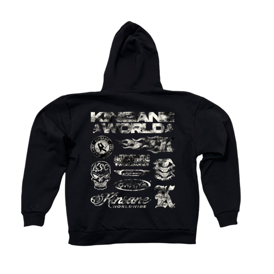 Back view of a black hoodie with multiple white KINSANE logos grouped together 