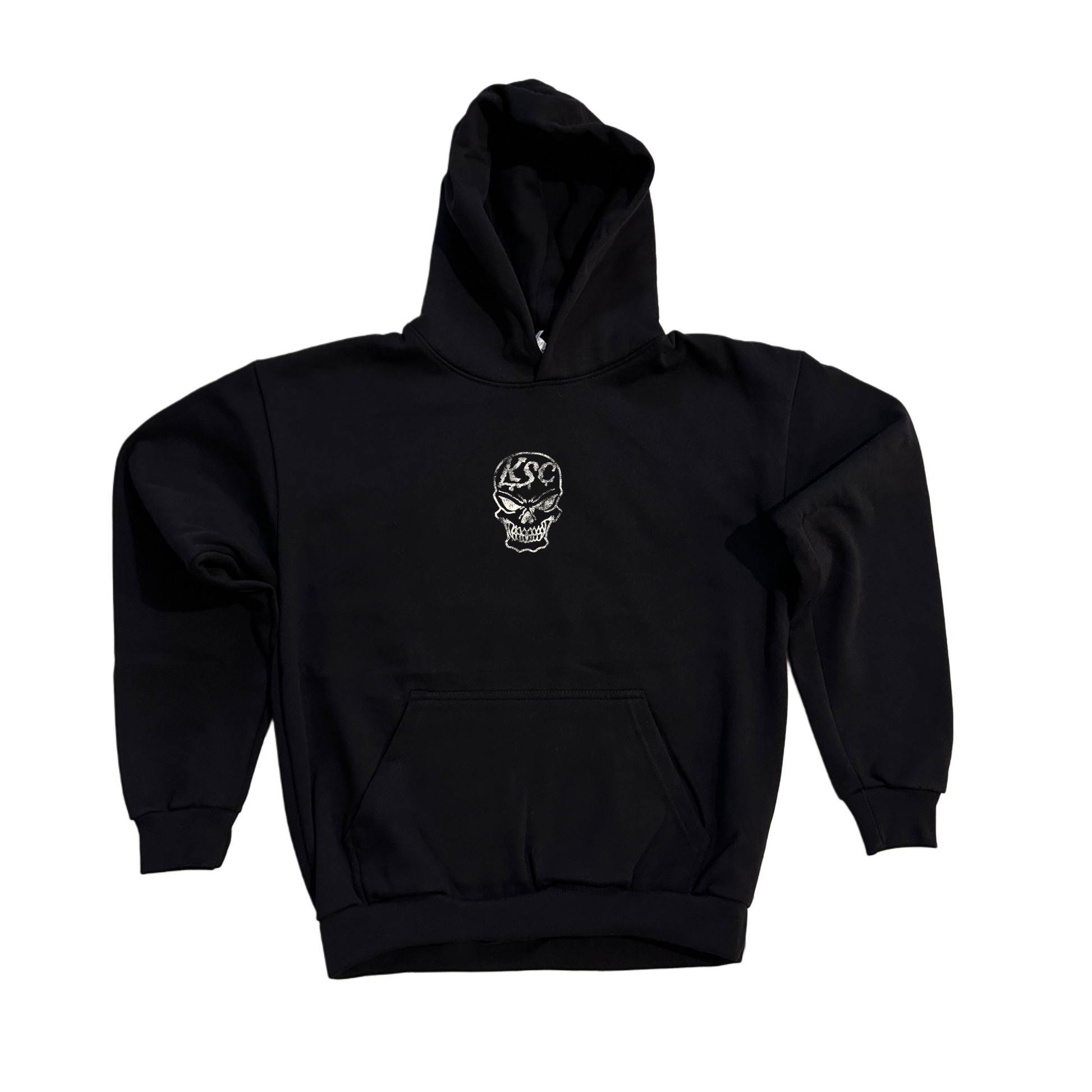 Black hoodie with white skull with white text on it reading “KSC” 