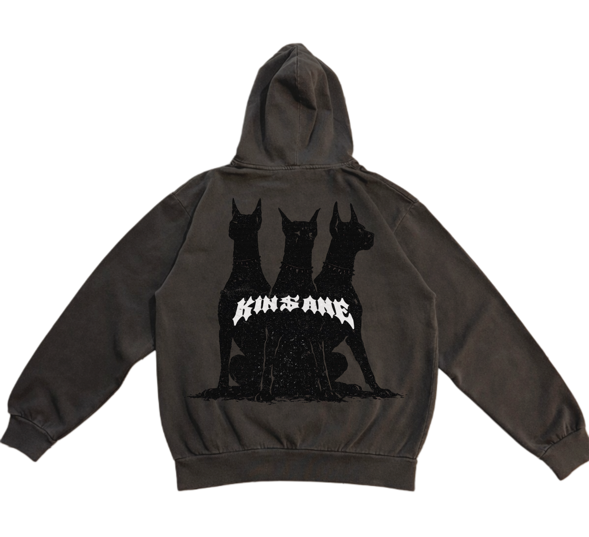 Back view of a vintage gray hoodie with black Dobermans design and white text reading “KINSANE” 