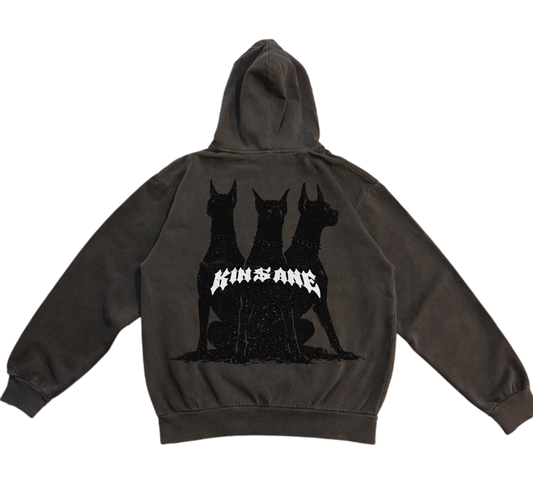 Back view of a vintage gray hoodie with black Dobermans design and white text reading “KINSANE” 