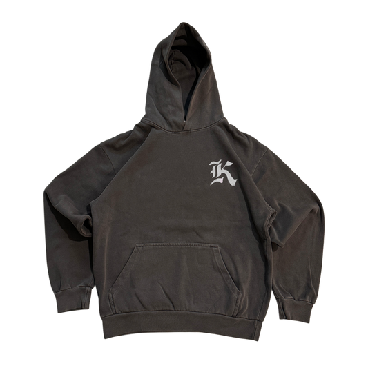 Vintage gray hoodie with white logo letter “K”