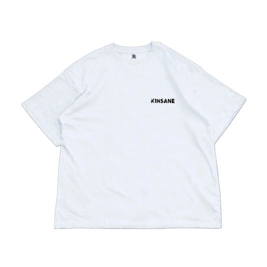 White t shirt with black text reading “KINSANE” 