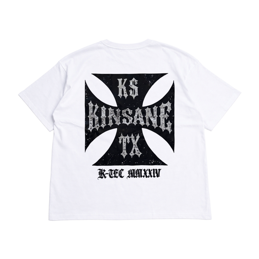 Back view of a white t shirt with black logo and white text reading “KS KINSANE TX” and black text reading “K-TEC MMXXIV” 