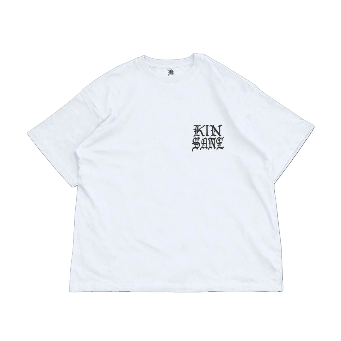 White t shirt with black lettering reading “KINSANE” 
