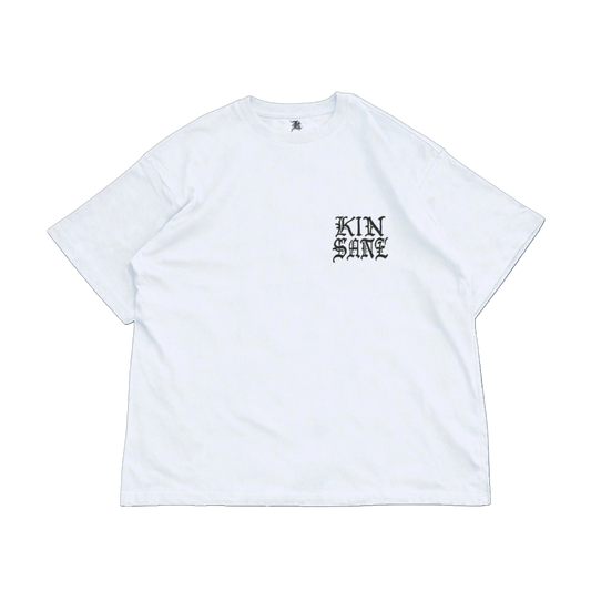 White t shirt with black lettering reading “KINSANE” 