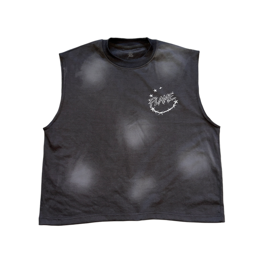 Vintage washed gray shirt with white text logo reading “FLAME” 