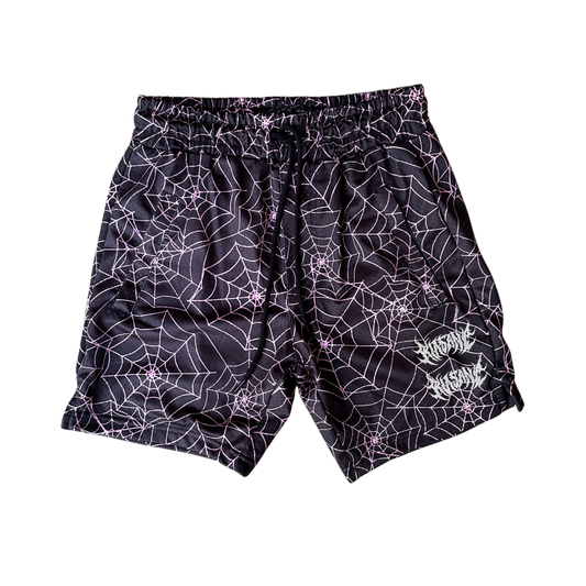 Black shorts with pink web design and two stacked white text reading “KINSANE” 