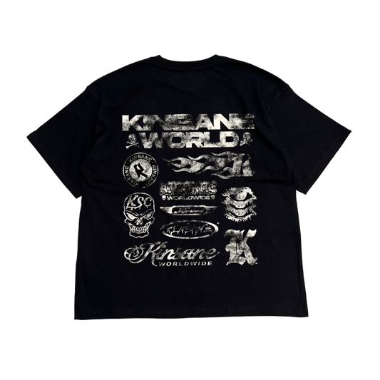 Back view of a black t-shirt with multiple white kinsane themed logos reading “KINSANE” stacked on top of each other and white text reading “KINSANE WORLD” 