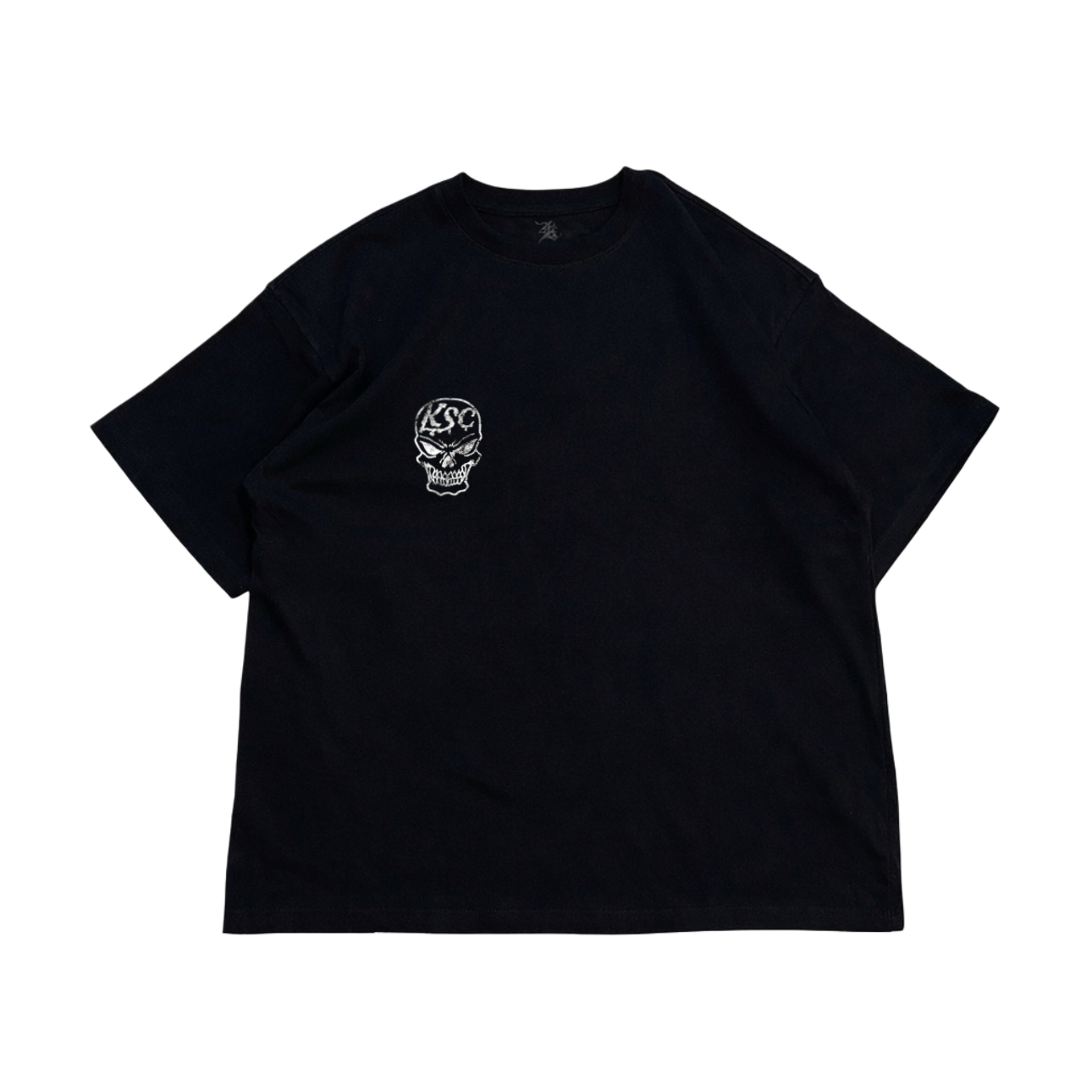 Black t shirt with white skull design and white text reading “KSC” 