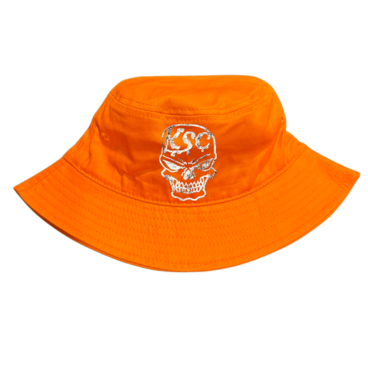 Orange bucket hat with white skull design and white text reading “KSC” 