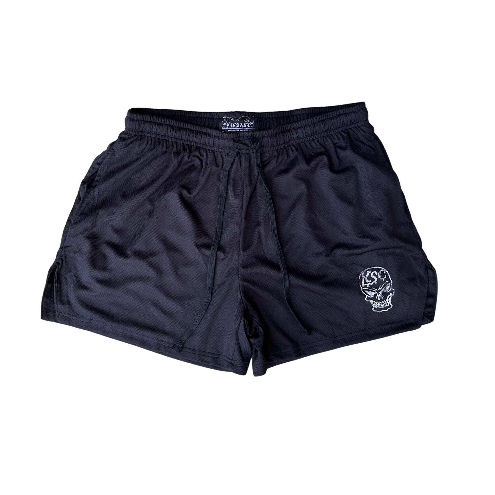 Black athletic shorts with black drawstring and a white skull logo with white letters reading “KSC” on the left leg 