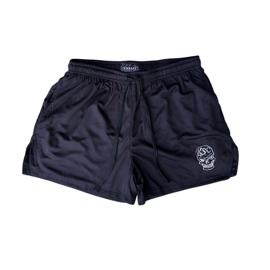 Black athletic shorts with black drawstring and a white skull logo with white letters reading “KSC” on the left leg 
