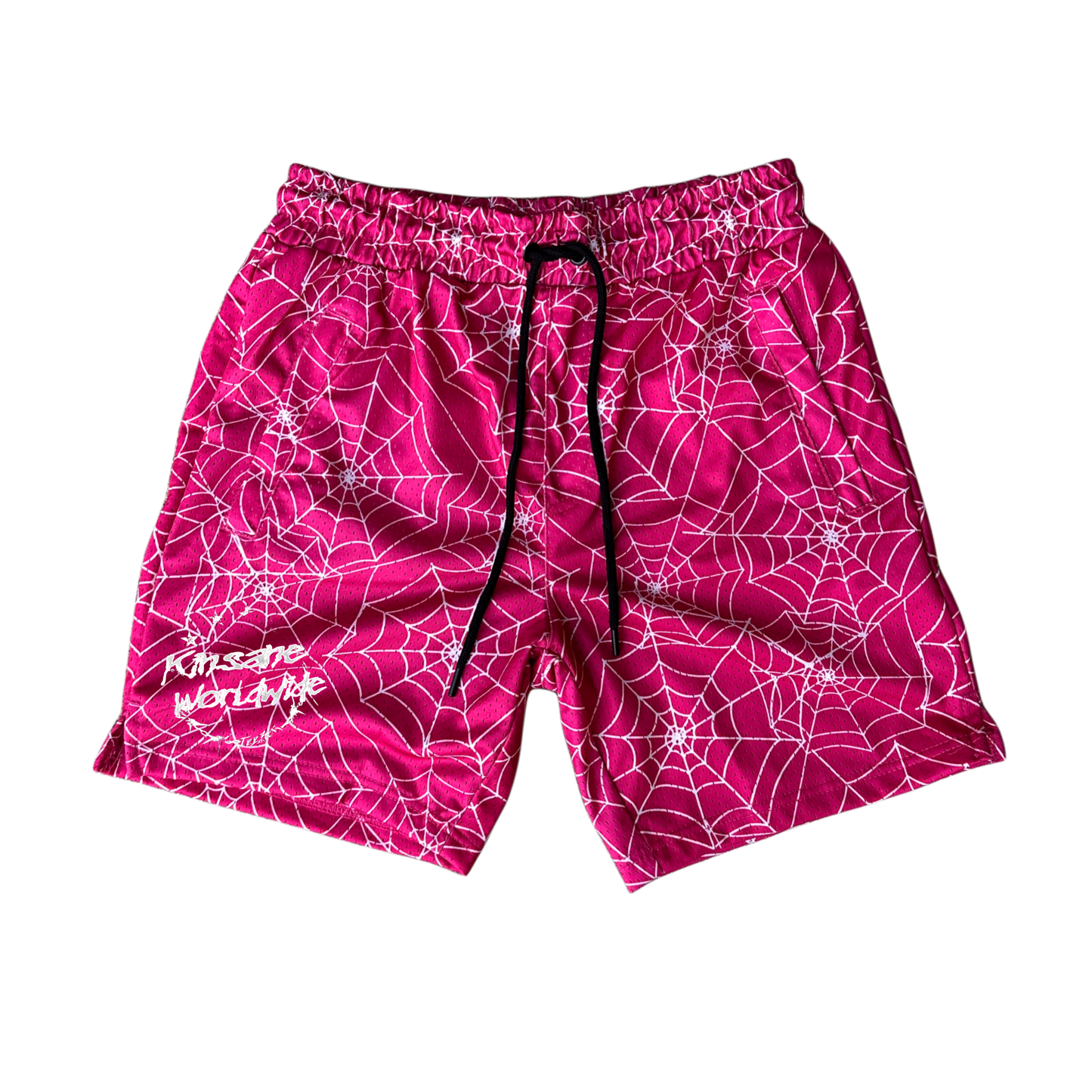 Pink athletic shorts with webbed design and white lettering reading “KINSANE WORLDWIDE” and black drawstrings 