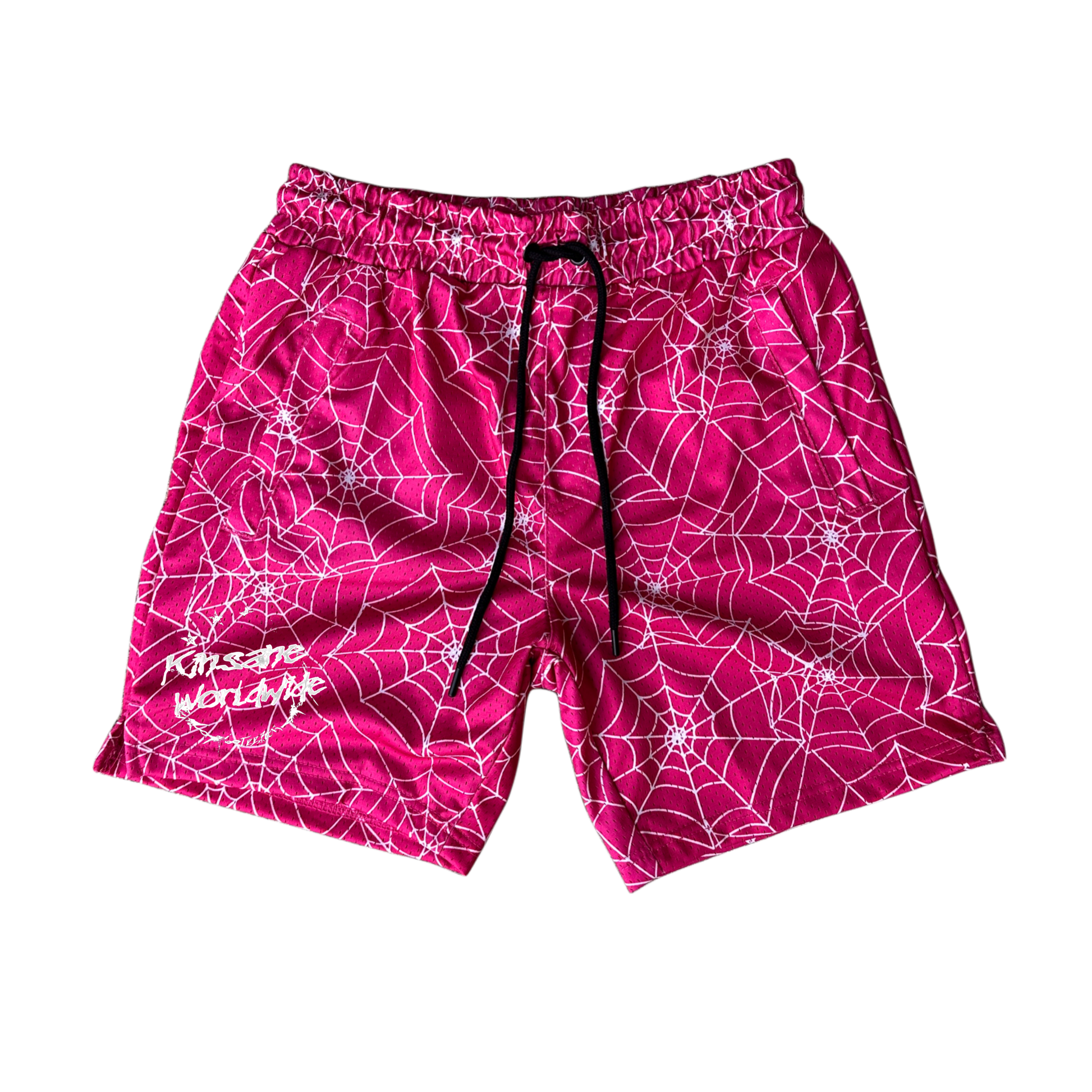 Pink athletic shorts with webbed design and white lettering reading “KINSANE WORLDWIDE” and black drawstrings 