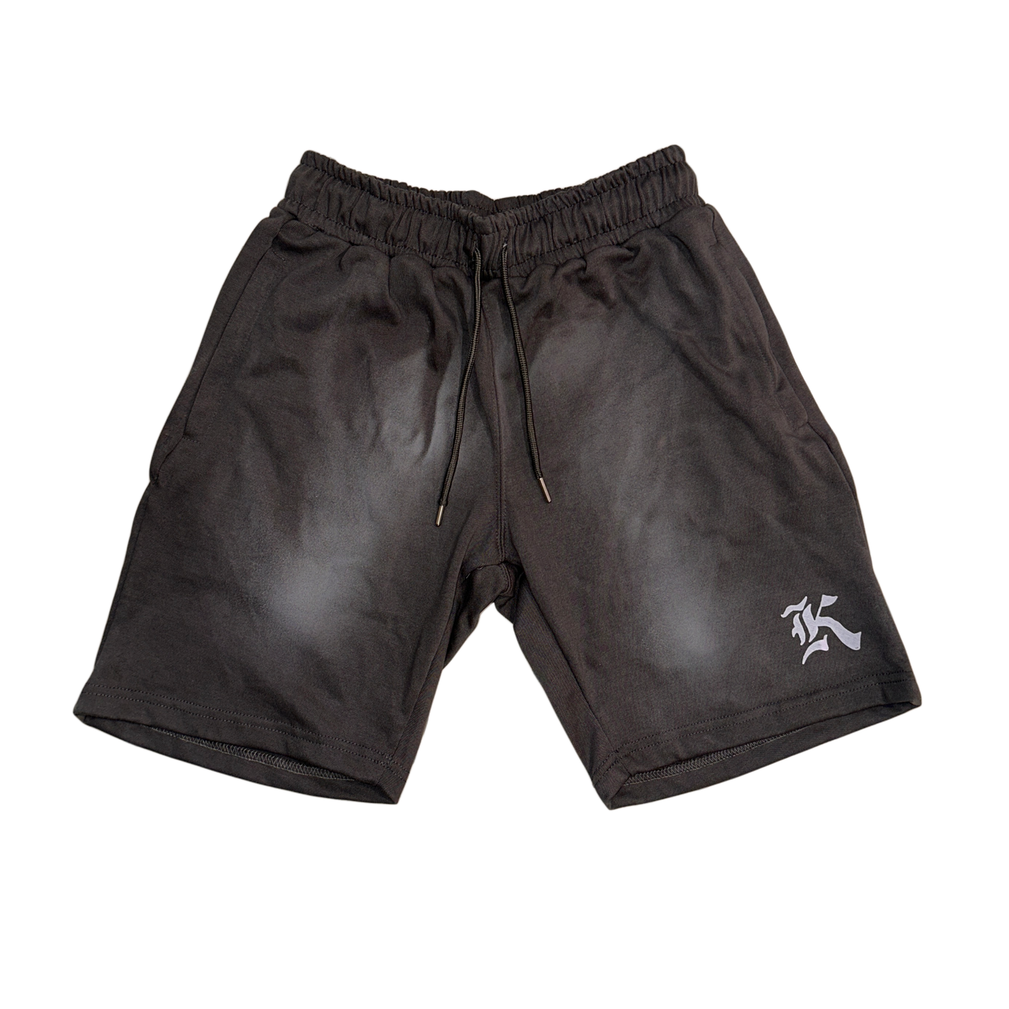 Gray vintage washed shorts with grey drawstrings and white “K” logo on the left leg 