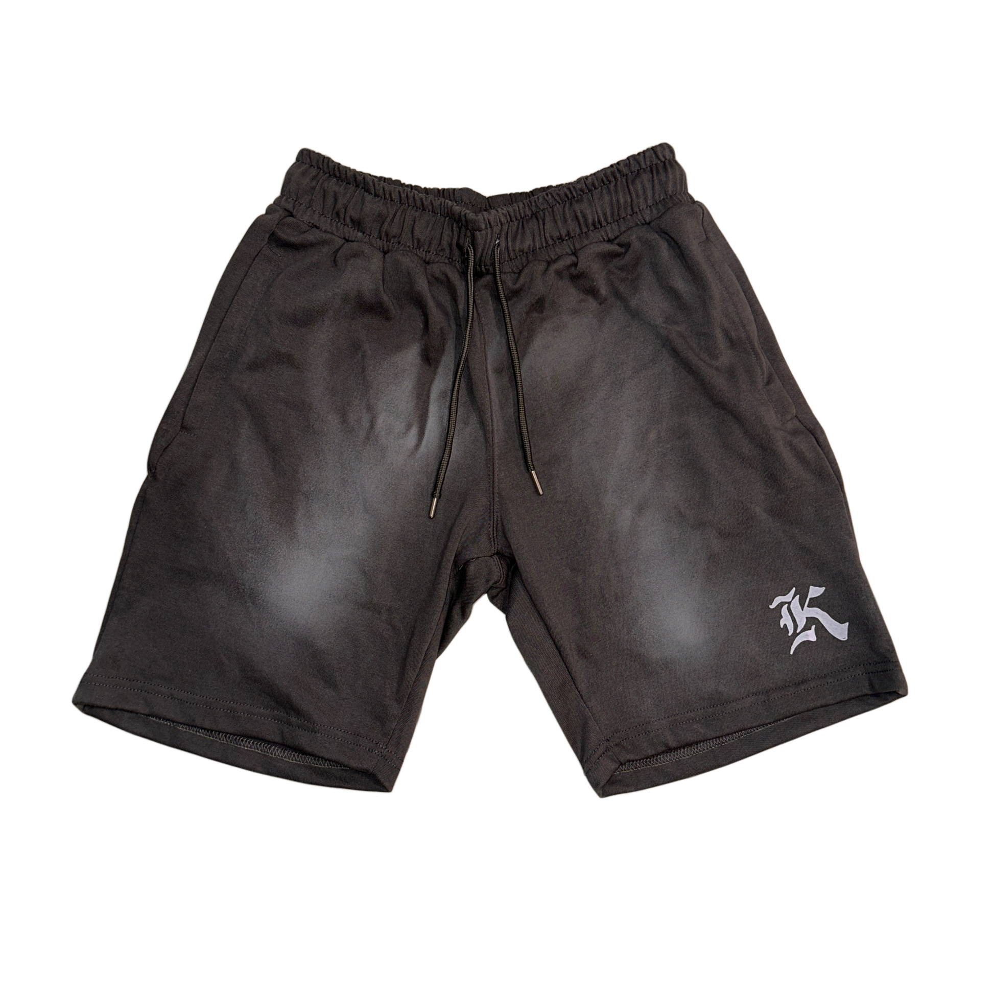Gray vintage washed shorts with grey drawstrings and white “K” logo on the left leg 