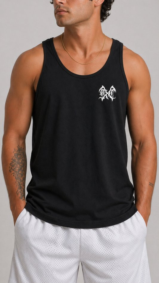 Man wearing Black tank top with white logo 