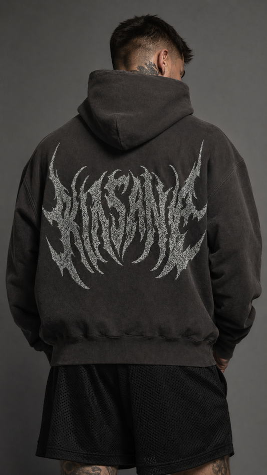 Back view of a man wearing a dark grey hoodie with grey lettering reading “KINSANE” 