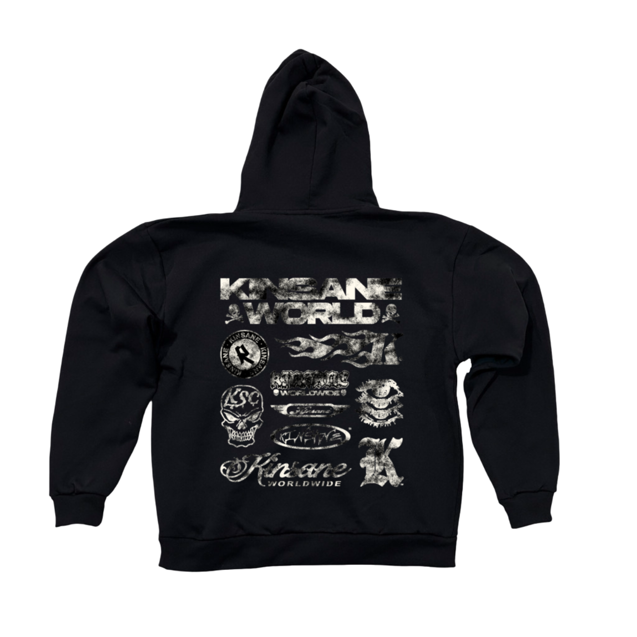 Back view of a black hoodie with multiple white KINSANE logos grouped together 