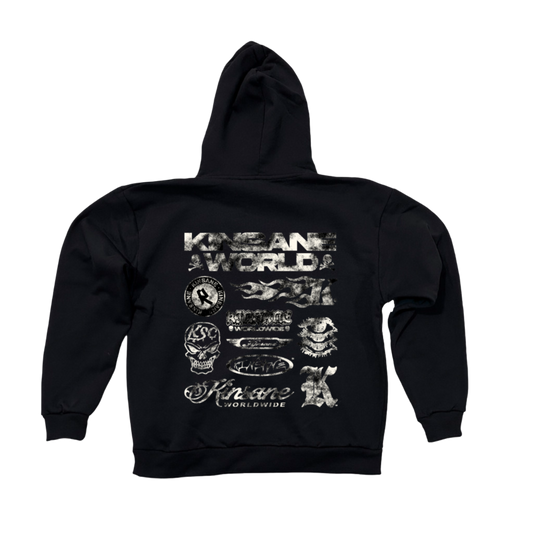 Back view of a black hoodie with multiple white KINSANE logos grouped together 