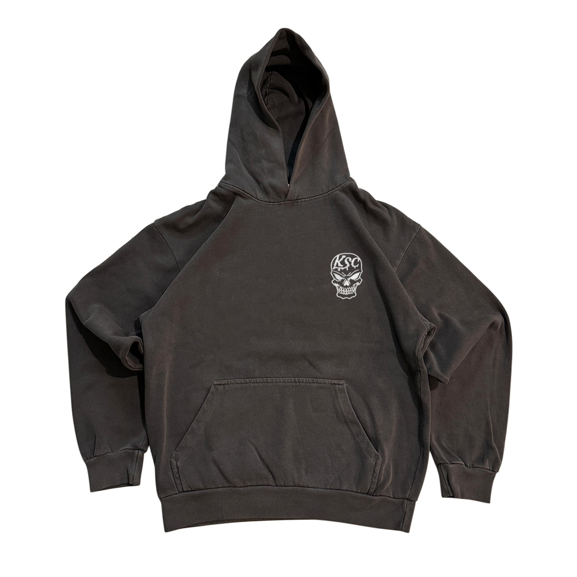 Gray hoodie with white skull logo with white lettering reading “KSC”